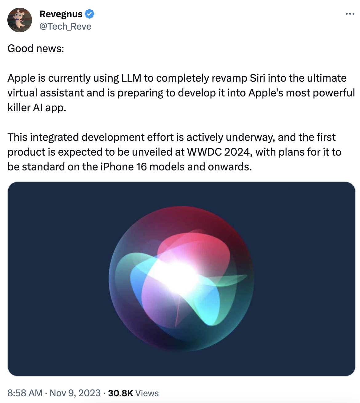 消息人士：苹果正利用大模型改造 Siri，计划成为 iPhone 16 及后续机型的标配