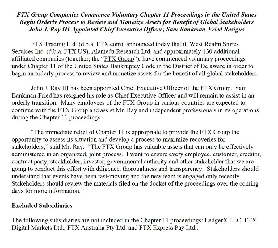 FTX：已在美国开始执行破产程序，SBF 已辞去 CEO 职务