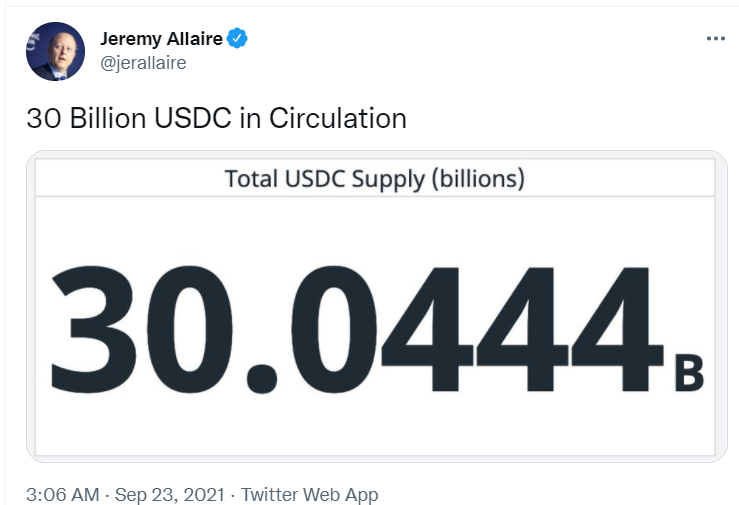 数据：USDC流通量突破300亿美元