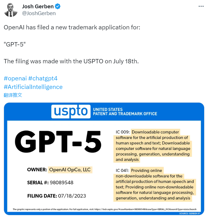 OpenAI 已向美国专利局提交“GPT-5”商标申请