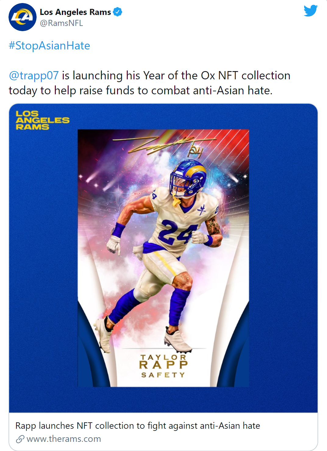 Rams safety Taylor Rapp launching NFT collection to help raise funds to  combat anti-Asian hate