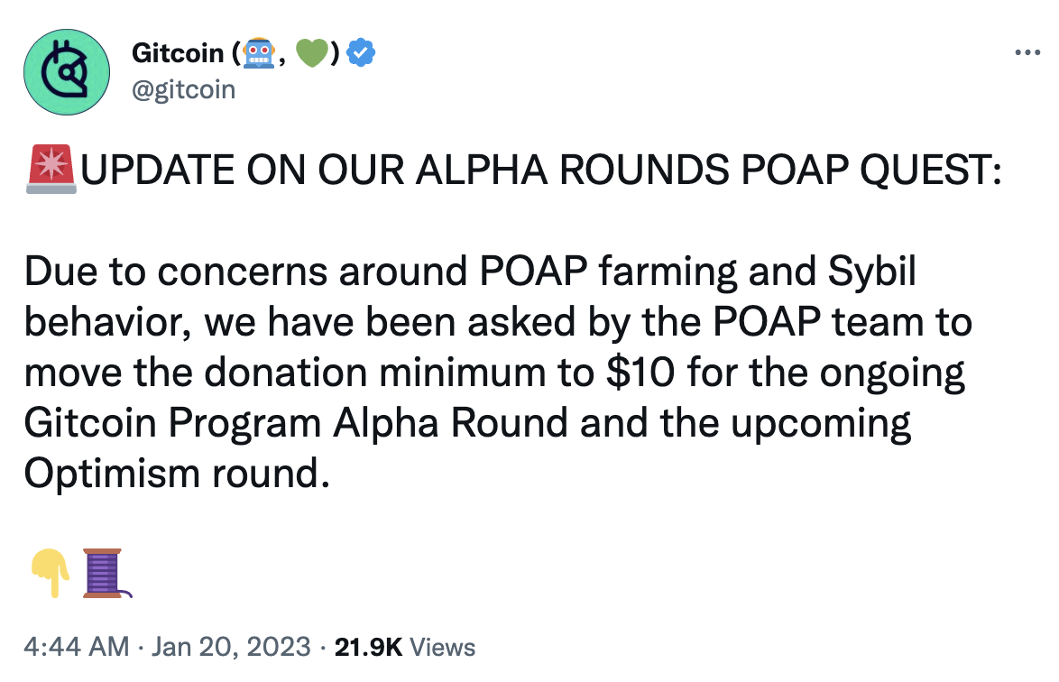 Gitcoin 更新 Alpha 轮 POAP 任务，最低捐款额调整至 10 美元