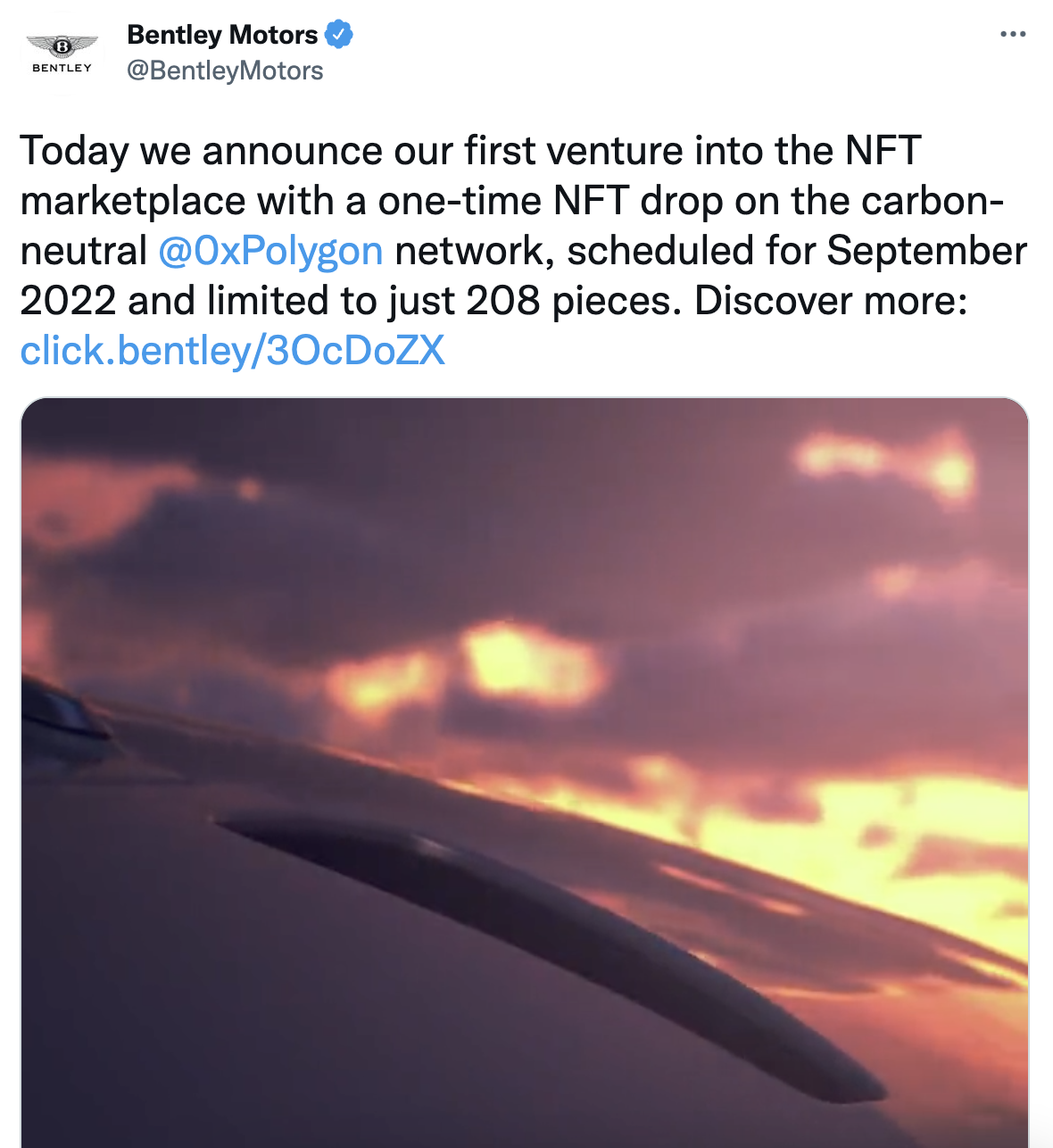 宾利宣布进军 NFT 市场，将于 9 月发布限量版 NFT
