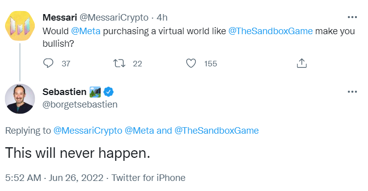 The Sandbox 联合创始人：绝不可能被 Meta 收购