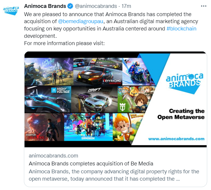Animoca Brands 完成对 Web3 数字营销机构 Be Media 的收购