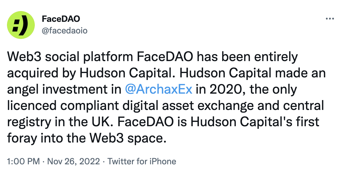 Hudson Capital 收购 Web3 社交平台 FaceDAO