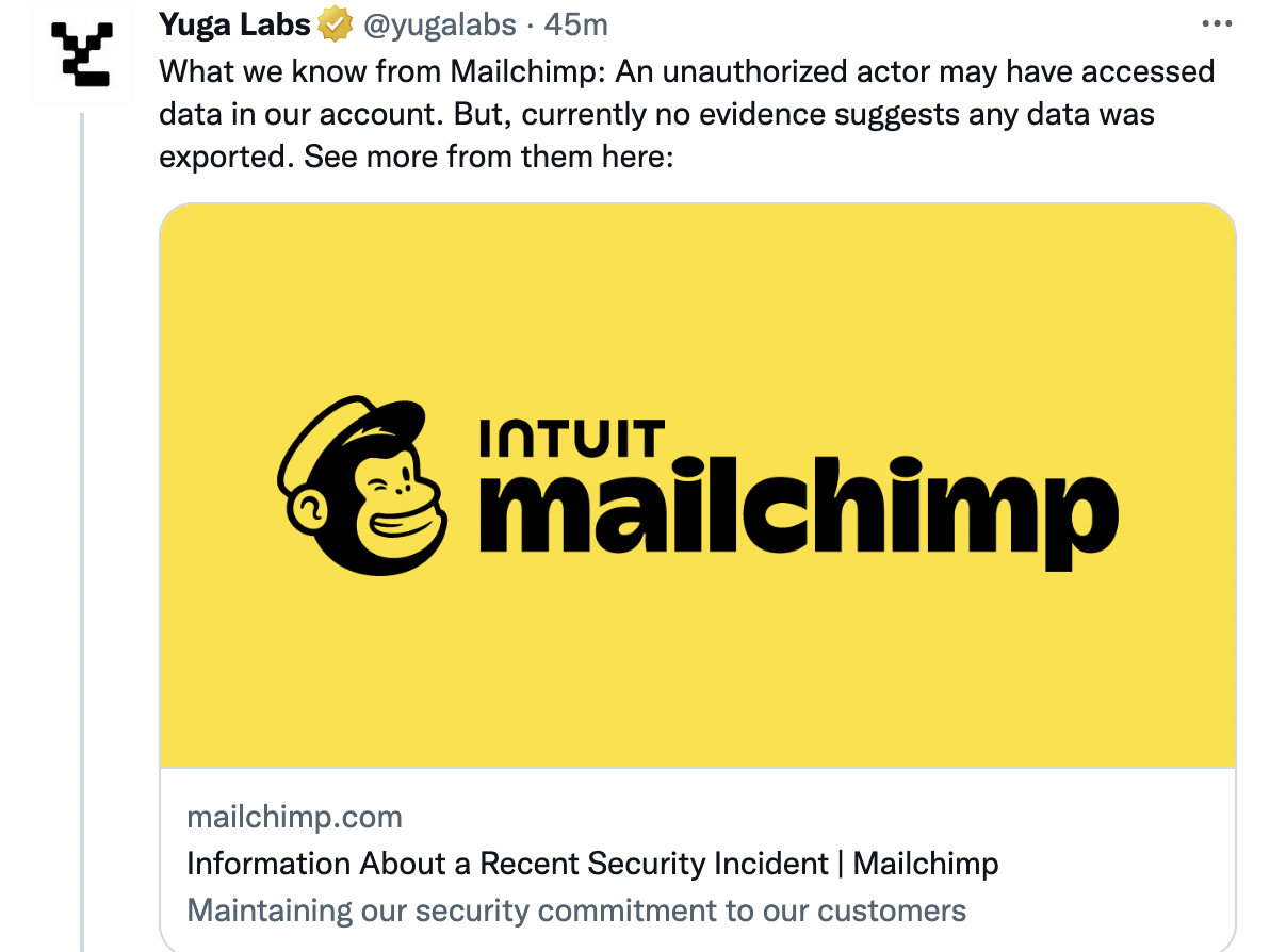 Yuga Labs：Mailchimp 漏洞或导致用户数据被访问但未被导出，将继续调查此事