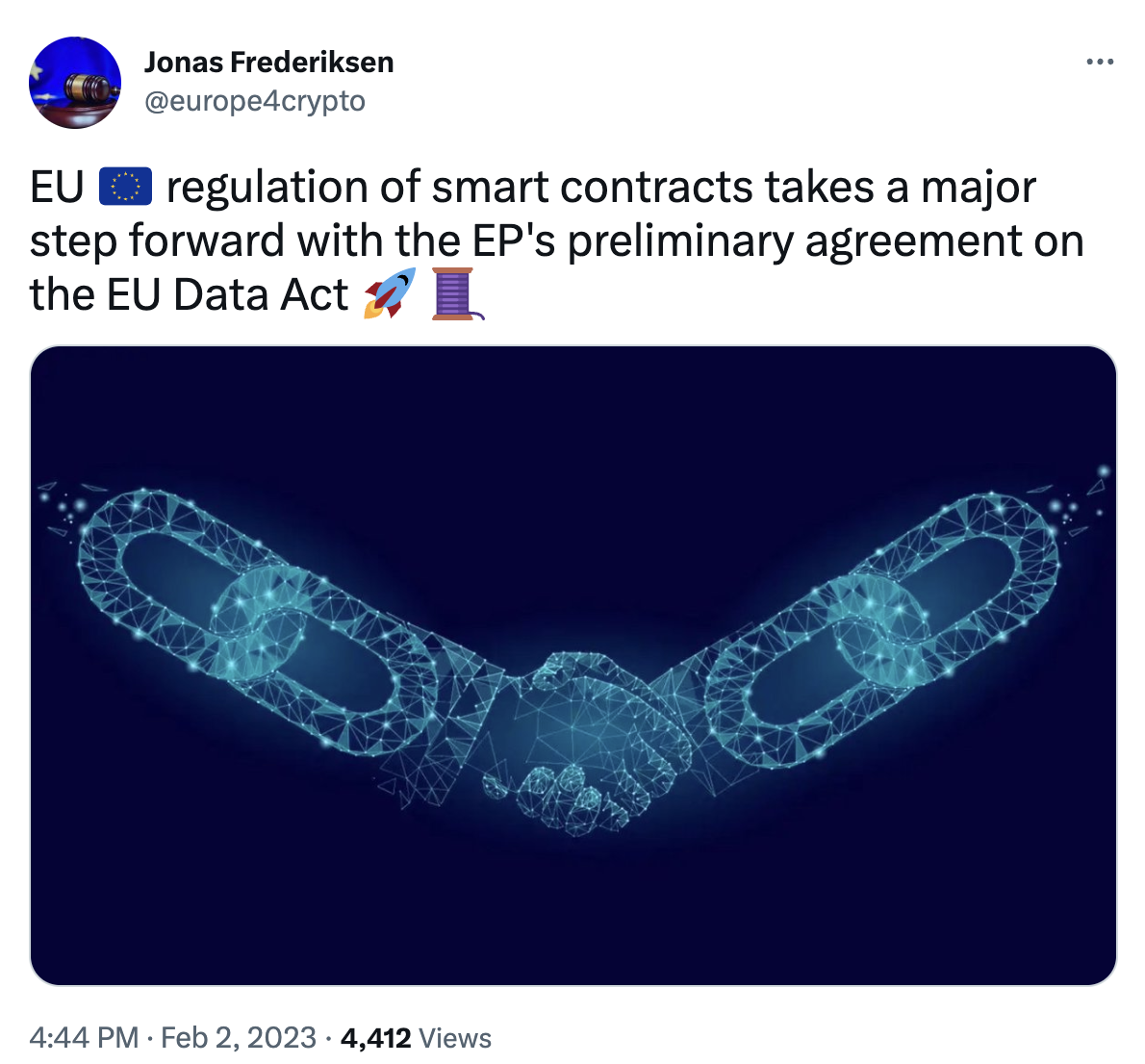 Circle 欧盟事务总监：欧洲议会就《欧盟数据法》达成初步协议，包括对智能合约的监管