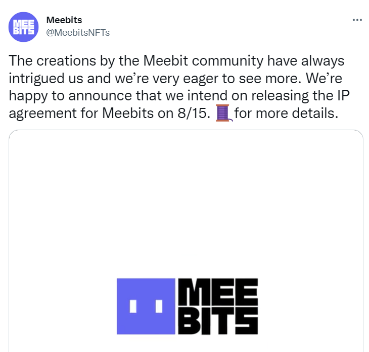 NFT 系列 Meebits 将于 8 月 15 日发布 IP 协议，拟允许所有者进行版权创作