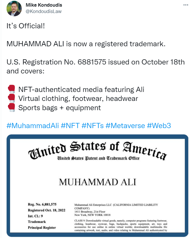 拳王阿里姓名“Muhammad Ali”已注册为 NFT 和元宇宙商标
