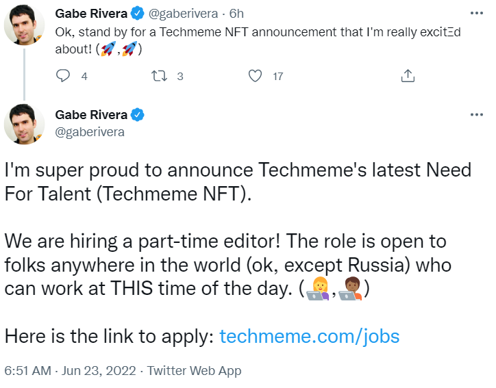 美国科技新闻聚合网站 Techmeme 正为其 NFT 新板块招聘人才