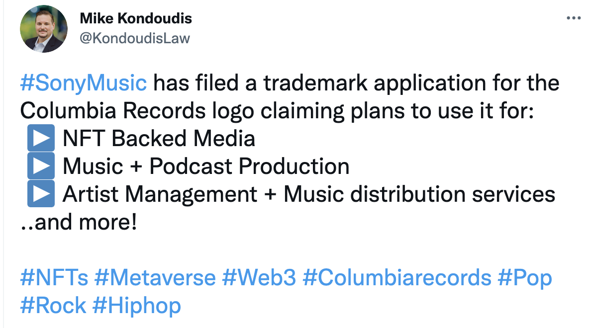 索尼音乐为哥伦比亚唱片公司提交元宇宙相关商标申请