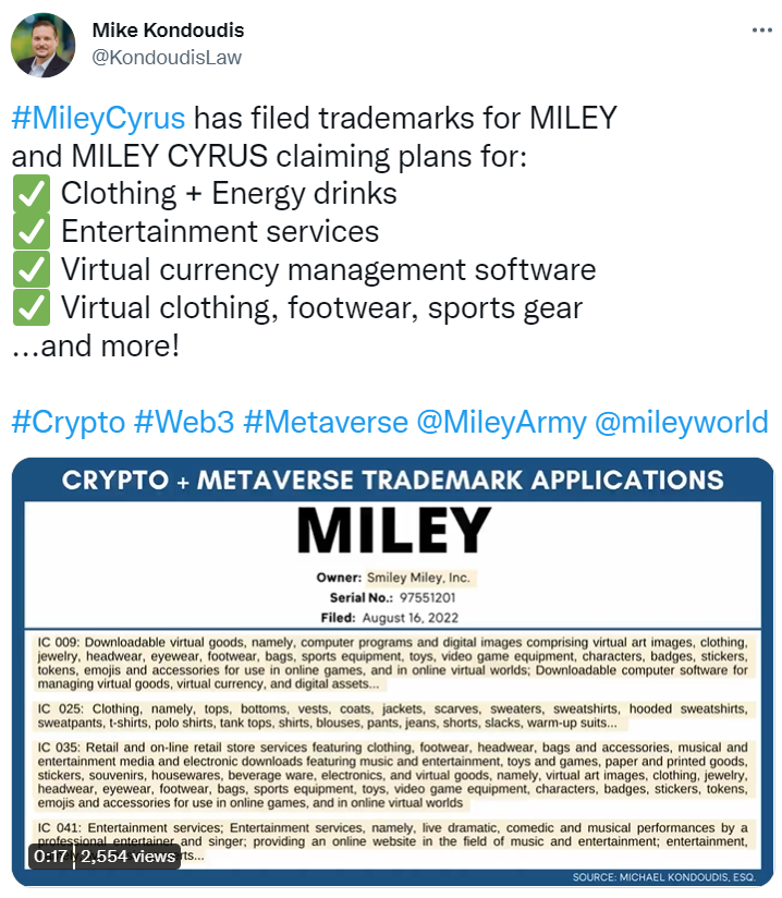 美国歌手 Miley Cyrus 提交虚拟货币和元宇宙相关商标申请