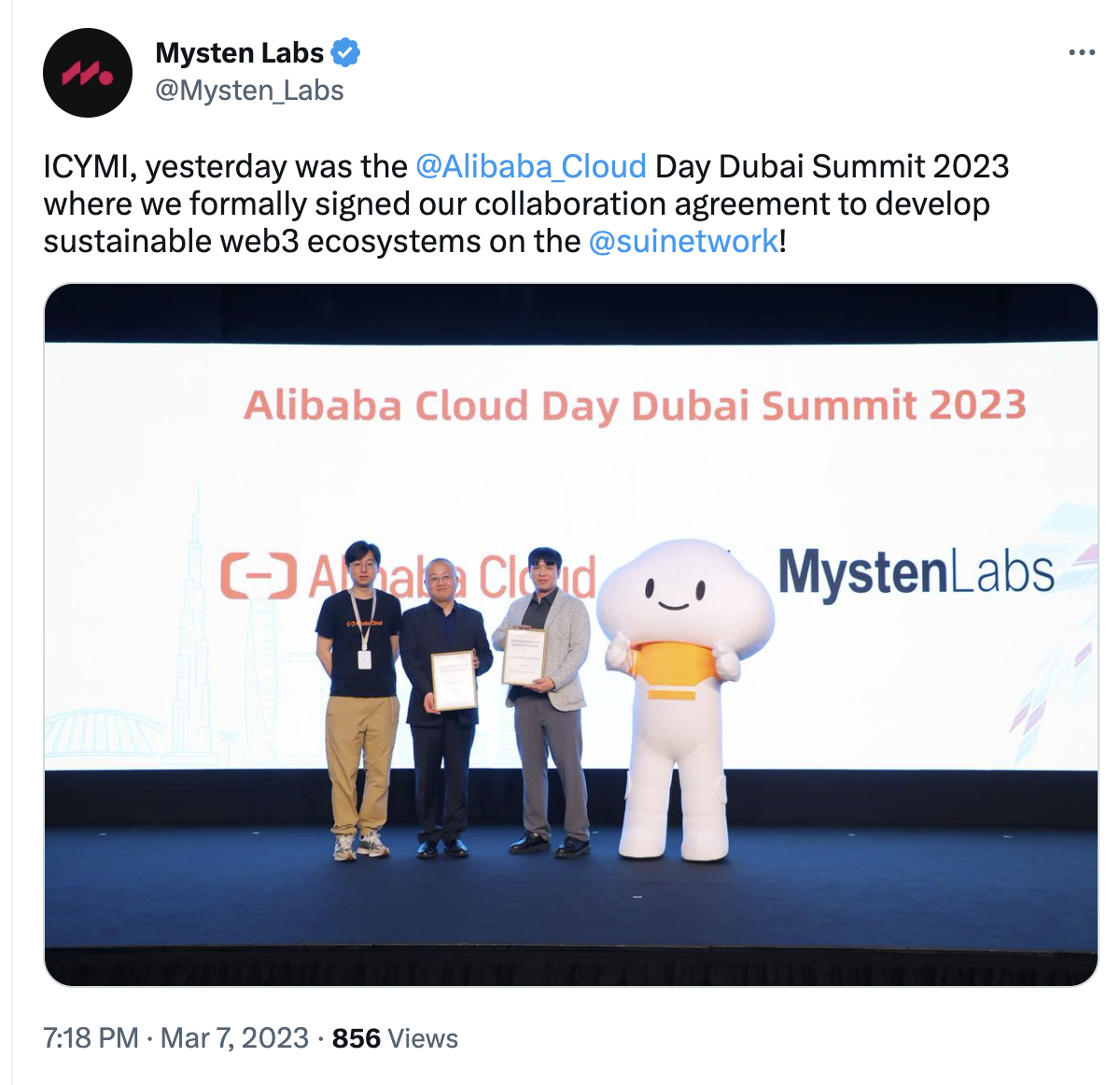 Mysten Labs 与阿里云签署合作协议，以在 Sui 上开发可持续 Web3 生态系统