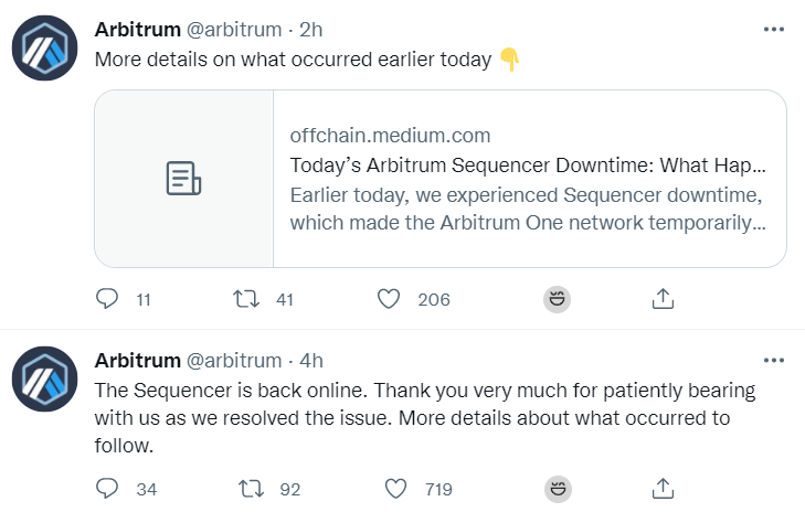 Offchain Labs：Arbitrum One网络现已恢复，宕机系主Sequencer节点中的硬件故障