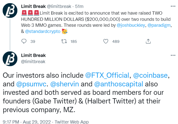 区块链游戏公司 Limit Break 完成 2 亿美元融资，Paradigm 参投