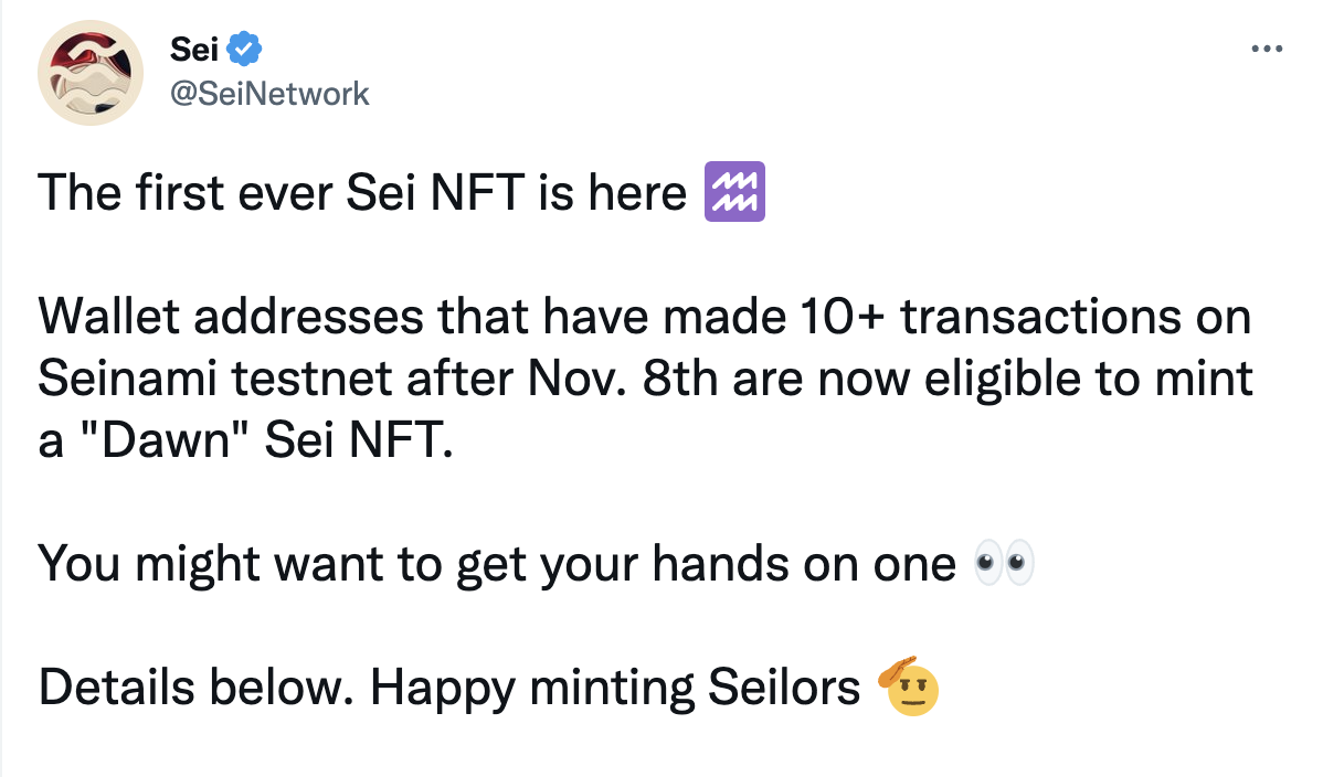 Layer 1 公链 Sei Network 将发布 Sei NFT