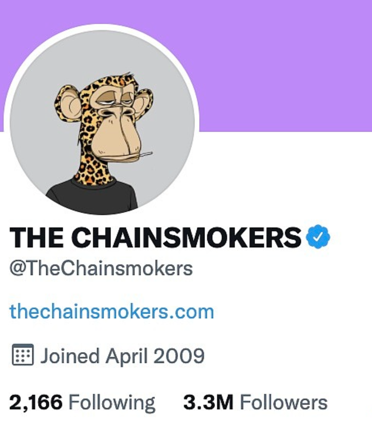 知名DJ组合The Chainsmokers购买Bored Ape Yacht Club作品并更换为Twitter头像
