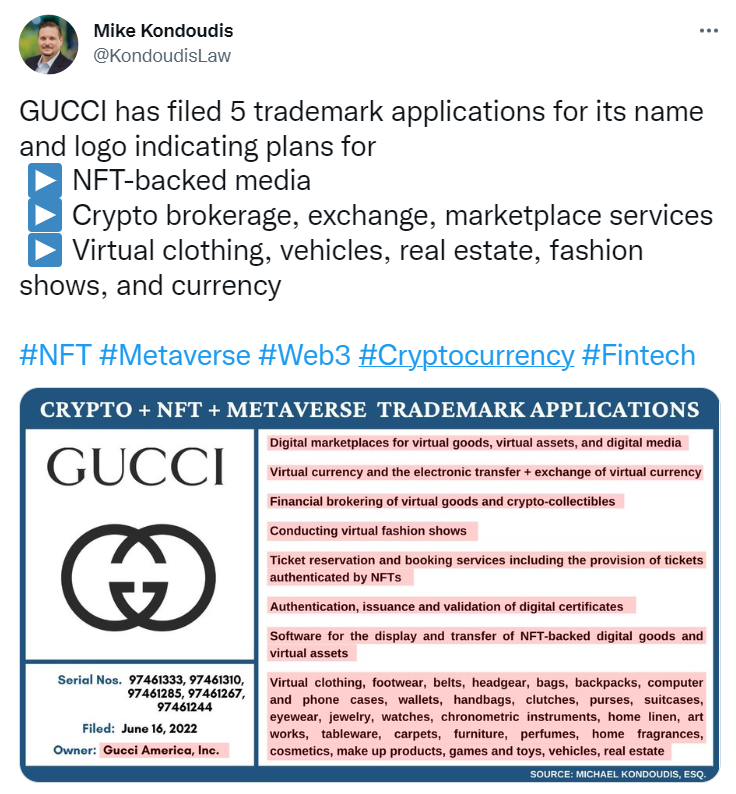 奢侈品牌 Gucci 已提交 5 项 NFT 和元宇宙相关商标申请