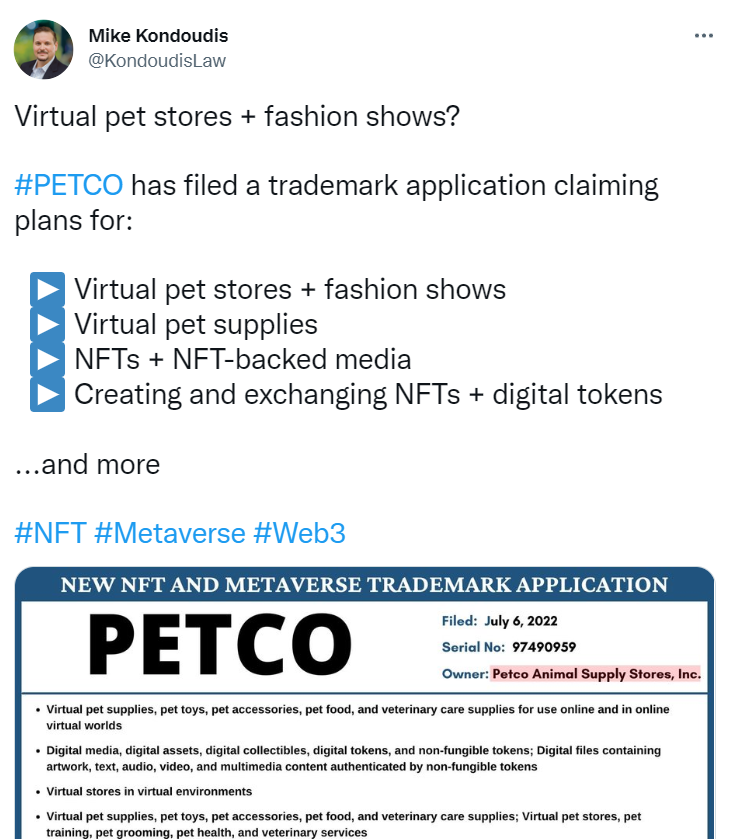 美国宠物连锁店 PETCO 提交相关 NFT 商标申请