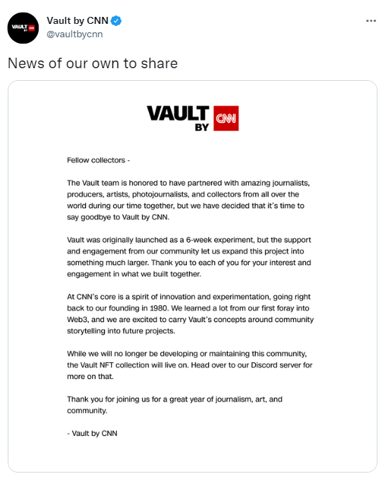CNN 关闭其于去年推出的 NFT 市场 Vault，引发社区指控