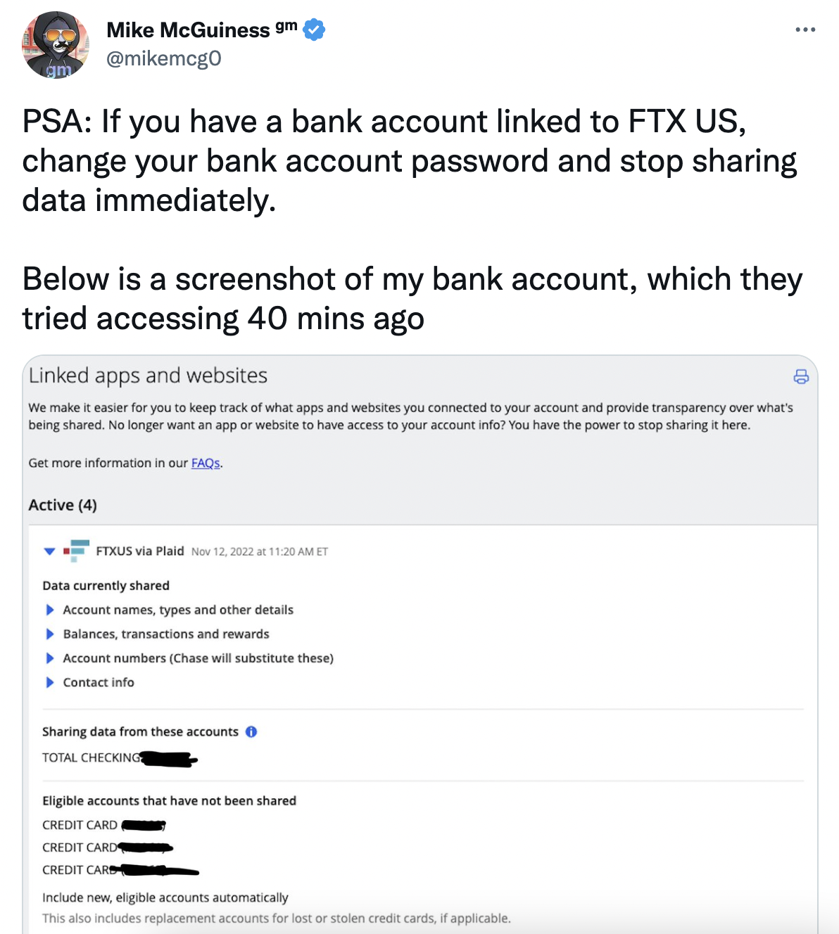 gm.xyz 联创：请修改与 FTX US 关联银行账户密码并停止共享数据
