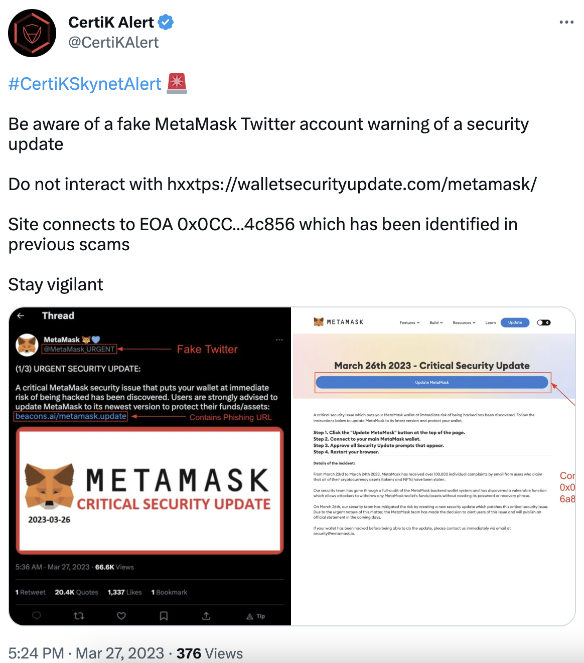 安全团队：一假冒 MetaMask 推特账户发布包含恶意链接的安全更新警告，请勿交互