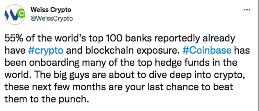 Weiss Crypto：全球前100家银行中有55%已经拥有加密货币和区块链风险敞口