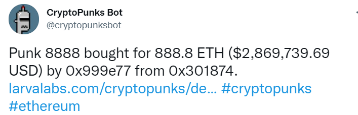 CryptoPunk 8888以888.88 ETH的价格出售，价值近287万美元