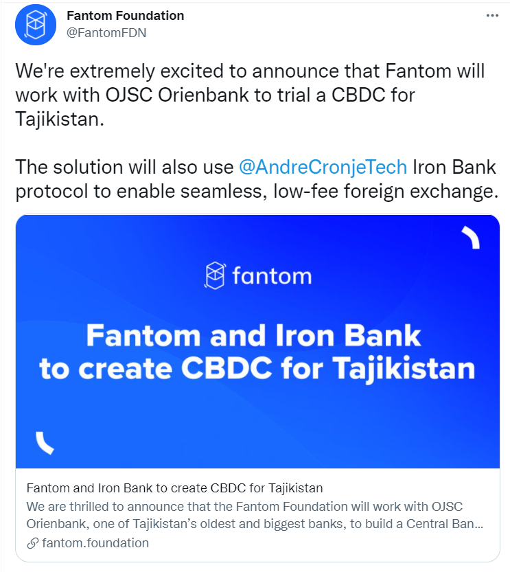 Fantom将与塔吉克斯坦央行合作，为其建立央行数字货币系统