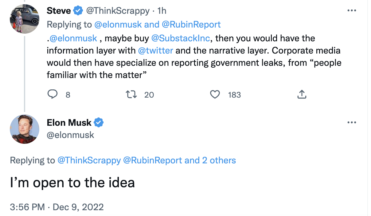 Elon Musk：对收购 Substack 持开放态度