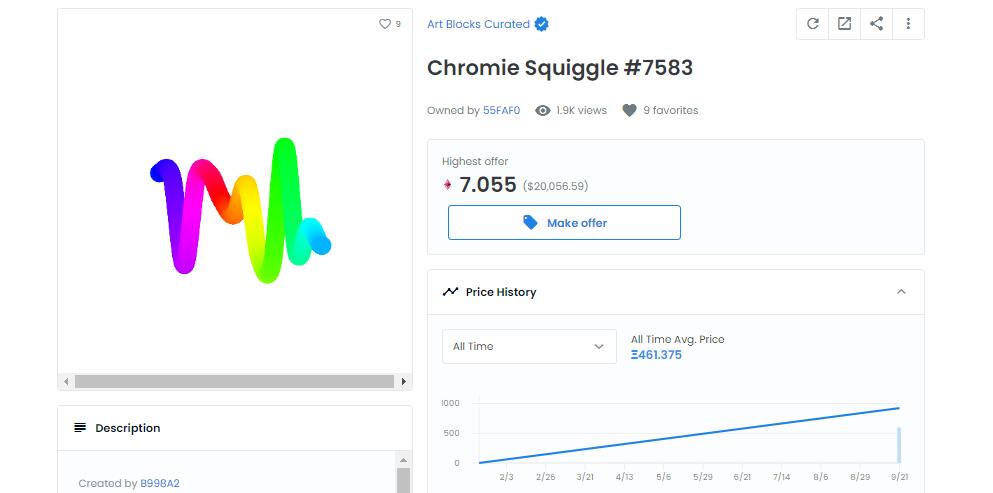 Chromie Squiggle #7583以922.5 ETH成交，价值逾279万美元