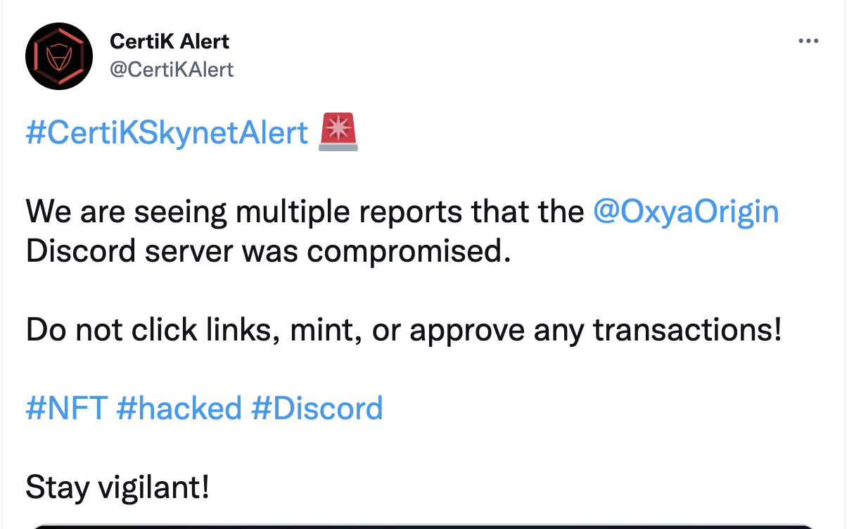 NFT 项目 Oxya Origin 项目 Discord 服务器遭攻击