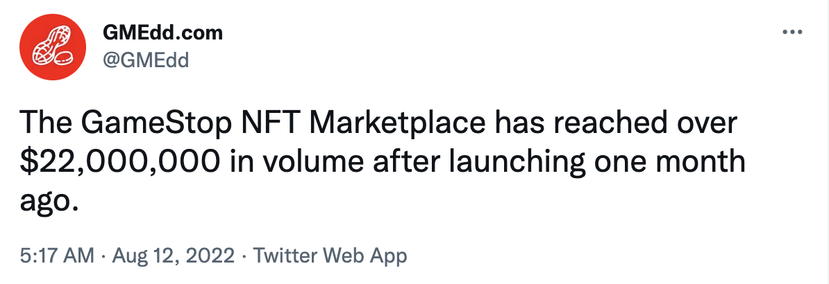 GameStop NFT 市场交易额已超过 2200 万美元
