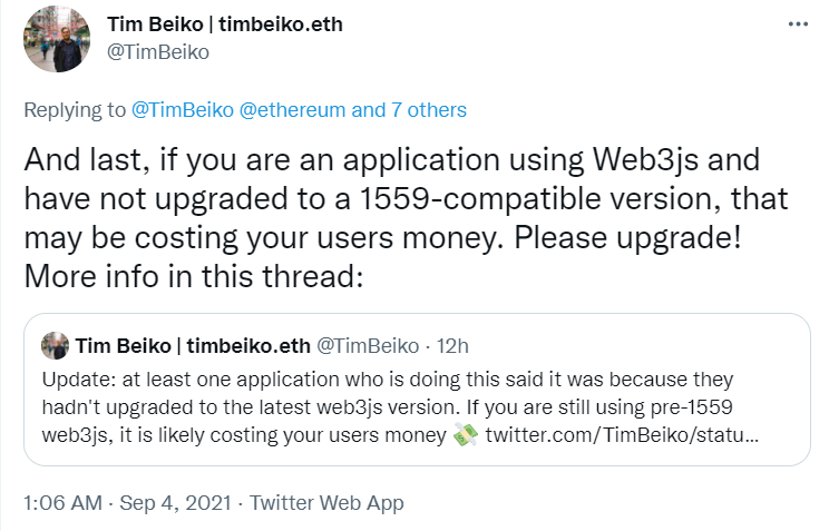 以太坊开发者Tim Beiko：旧版web3js或导致花费用户资金