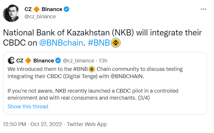 赵长鹏：哈萨克斯坦央行将在 BNB Chain 上集成其 CBDC