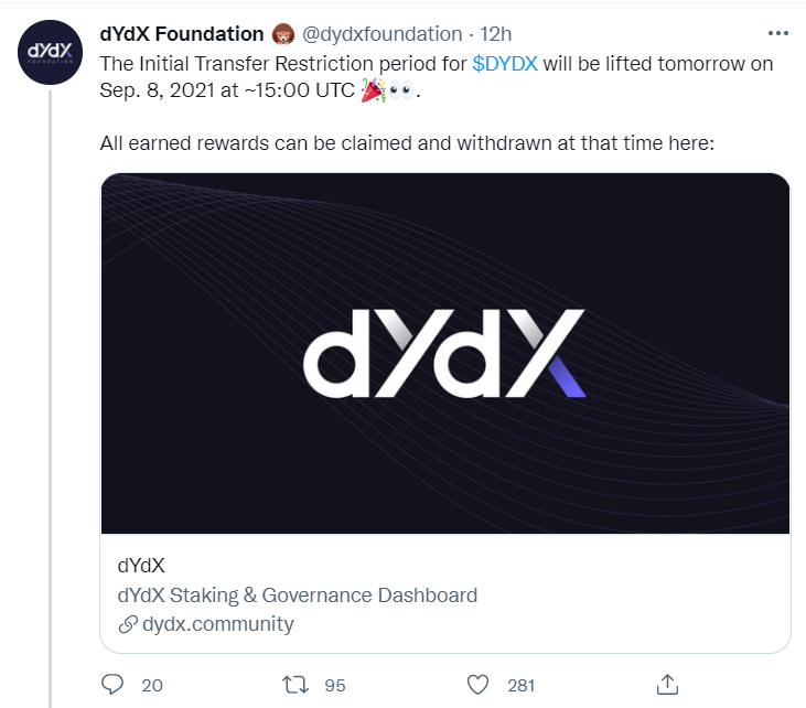 dYdX将于今晚23:00解除治理代币转账限制并开放奖励认领