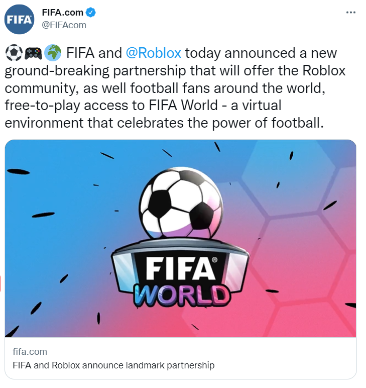 国际足联在 Roblox 元宇宙中推出虚拟生态系统“FIFA World”