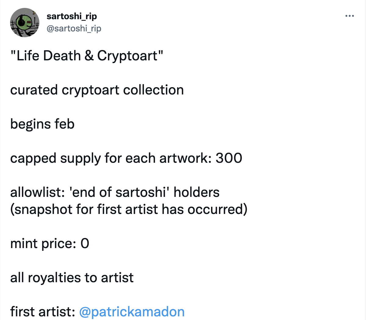 End Of Sartoshi 持有者自 2 月开始将有资格免费铸造“Life Death &amp; Cryptoart”系列