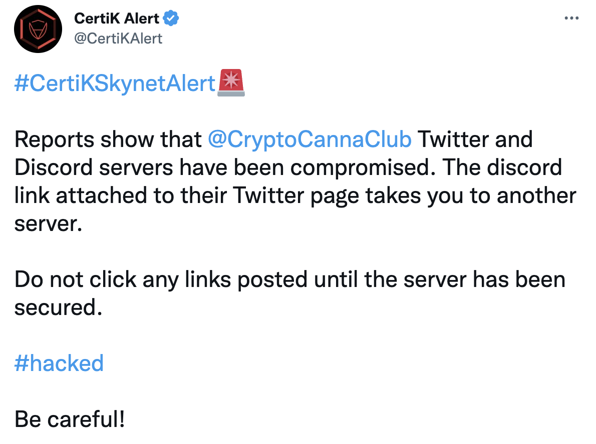 NFT 项目 Crypto Cannabis Club 的推特账号和 Discord 服务器遭攻击