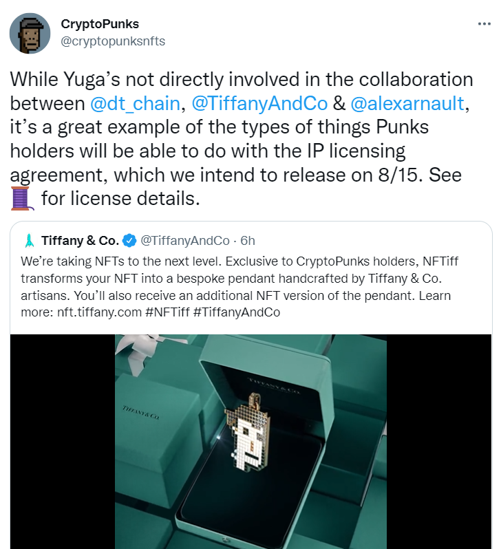CryptoPunks：蒂芙尼联名吊坠是持有者通过许可协议与品牌商合作良好示例，Yuga Labs 没有直接参与