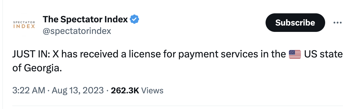 外媒：X 已获得美国佐治亚州的支付服务许可证