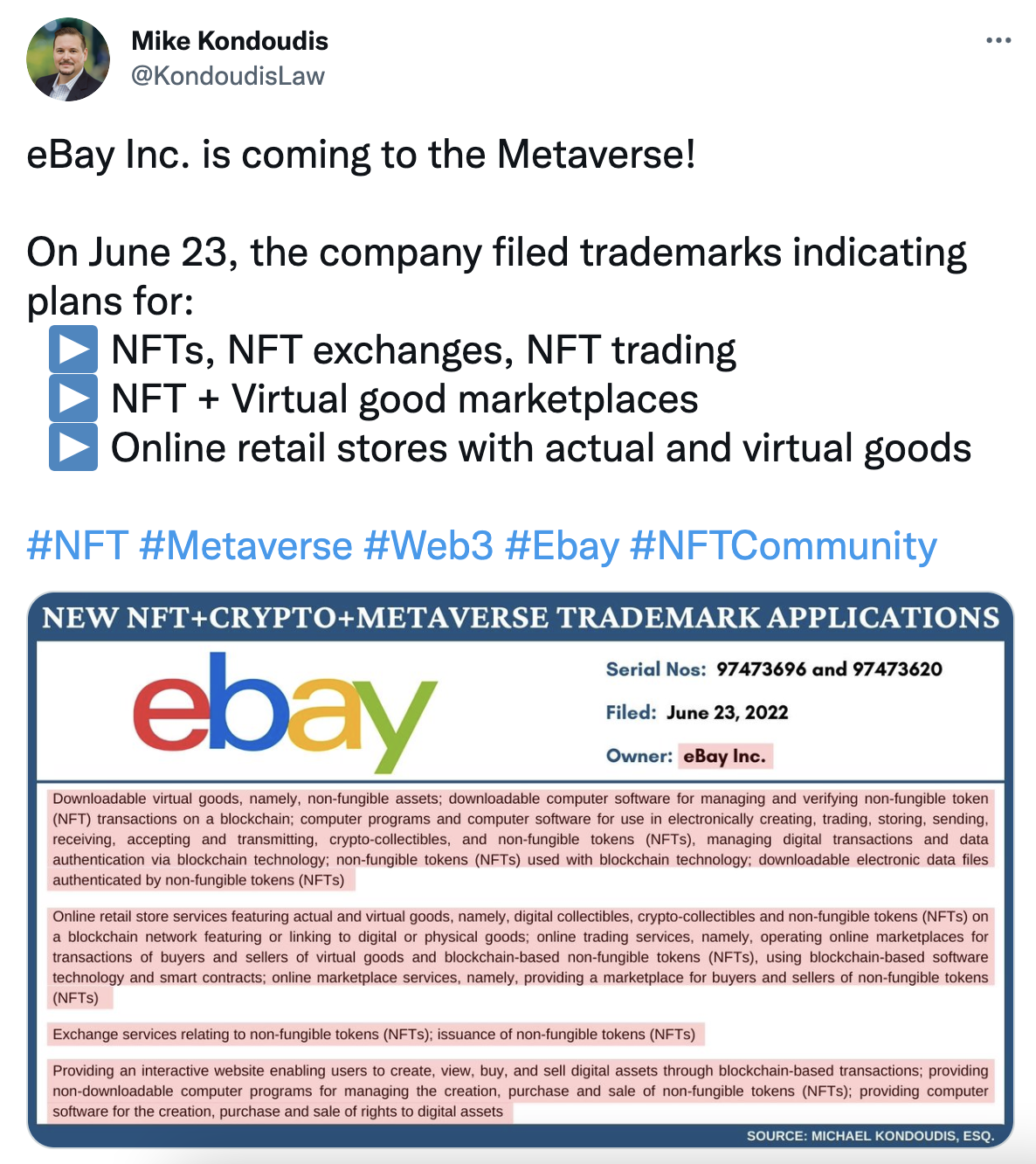 电商巨头 eBay 提交涉及 NFT、NFT 交易等的商标申请