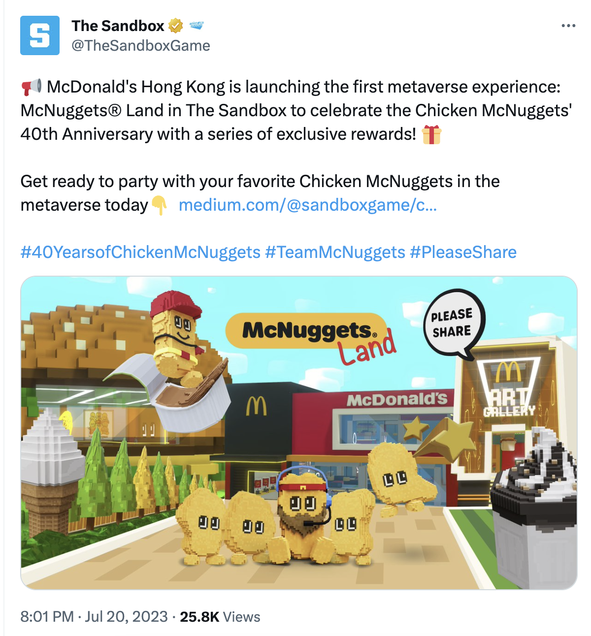 香港麦当劳与 The Sandbox 合作推出元宇宙体验 McNuggets Land
