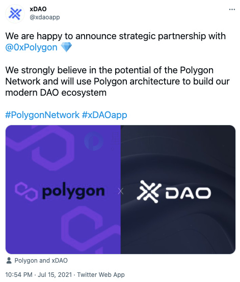 DeFi协议xDAO与Polygon达成战略合作，将使用其架构构建DAO生态系统