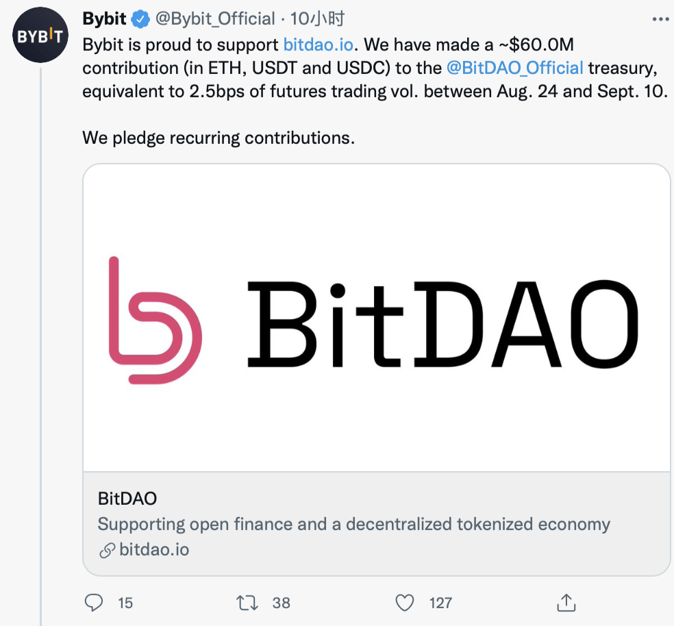 加密货币衍生品交易所Bybit再向BitDAO财库捐款约6000万美元