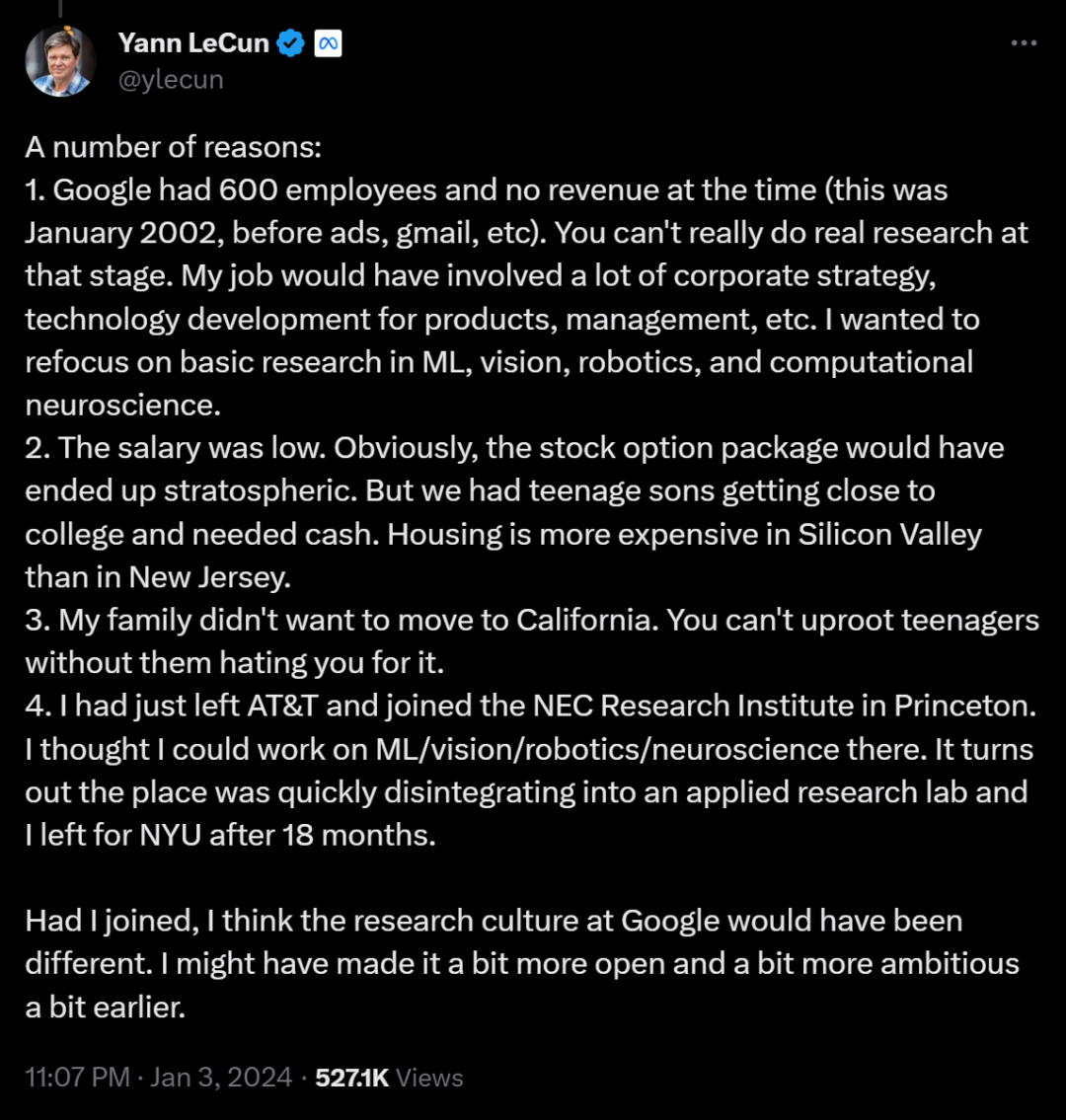 LeCun自曝曾因工资太低拒绝谷歌Offer！如果自己加入，会让谷歌研究文化更开放