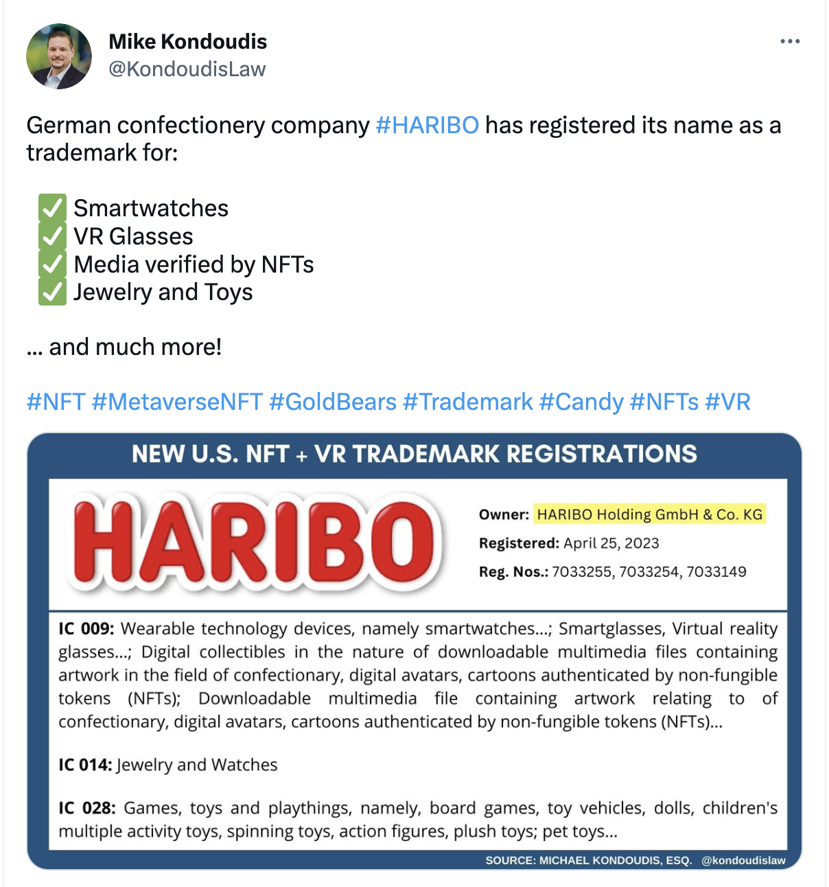 德国糖果公司 Haribo 已向美国专利商标局提交 NFT 相关商标注册申请