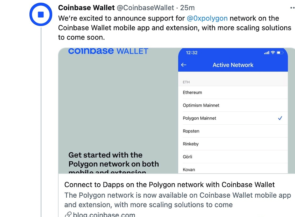 Coinbase钱包支持Polygon网络