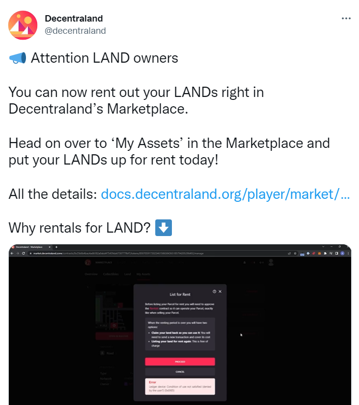 元宇宙平台 Decentraland 推出虚拟地块 LAND 租赁业务